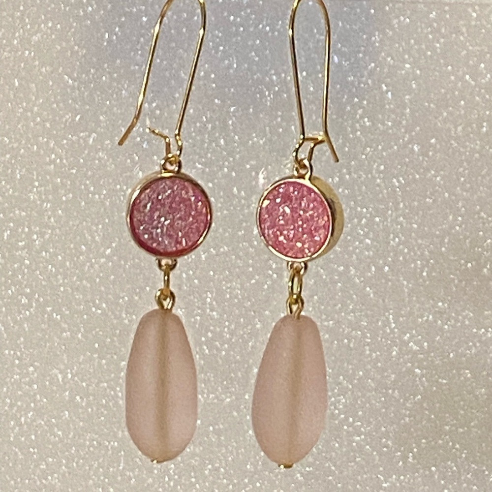 Elegant Pink and Gold Druzy Dangle Earrings